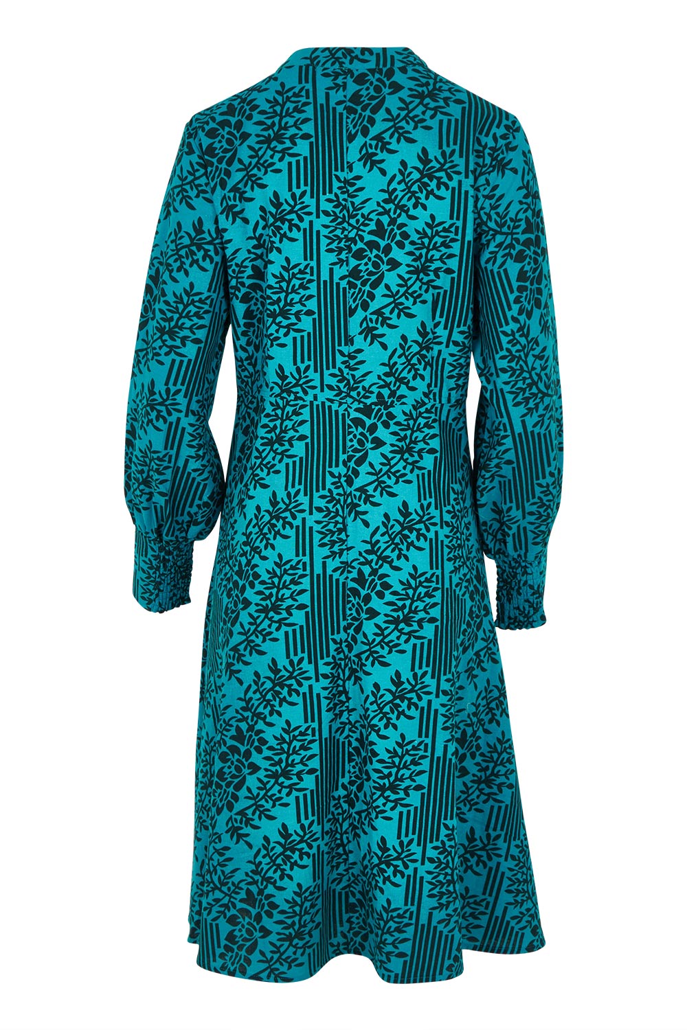 Product shot of The Printed Cotton Button Through Dress in colour Tealbamboo (Blue), from the back
