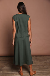 Model Amanda wearing size 10 of The Ponte A Line Pull On Skirt in colour Forrest (Green), from the back