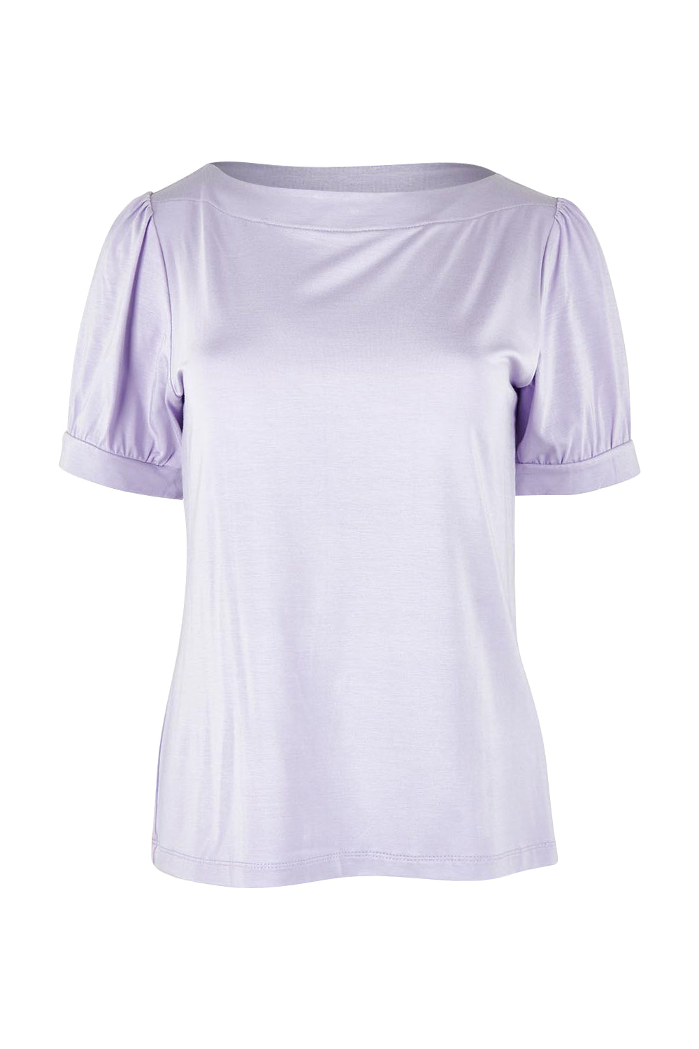 Product shot of The Bamboo Boat Neck Short Sleeve Top in colour Lilac (Purple), from the front