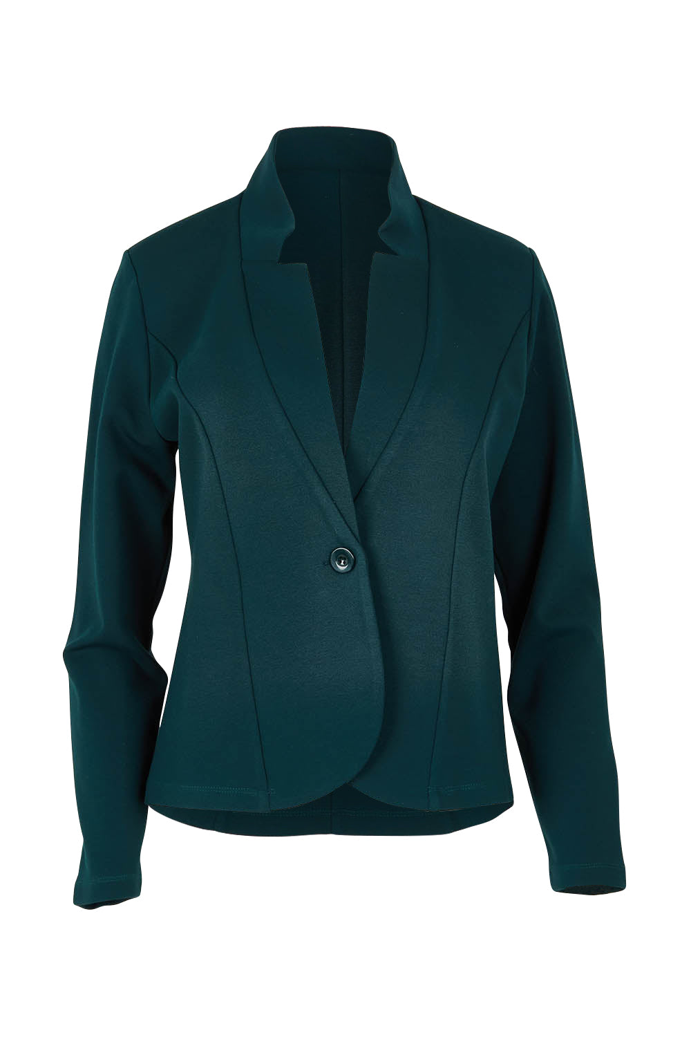 Product shot of The Reverse Lapel Ponte Blazer in colour Lagoon (Green), from the front