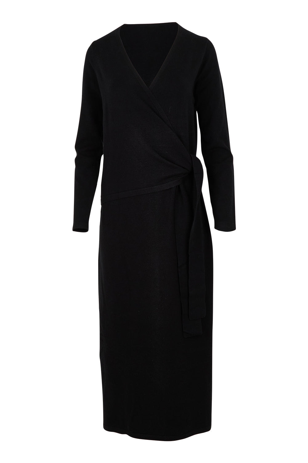 Product shot of The Tie Waist Faux Wrap Knit Dress in colour Black (Black), from the front