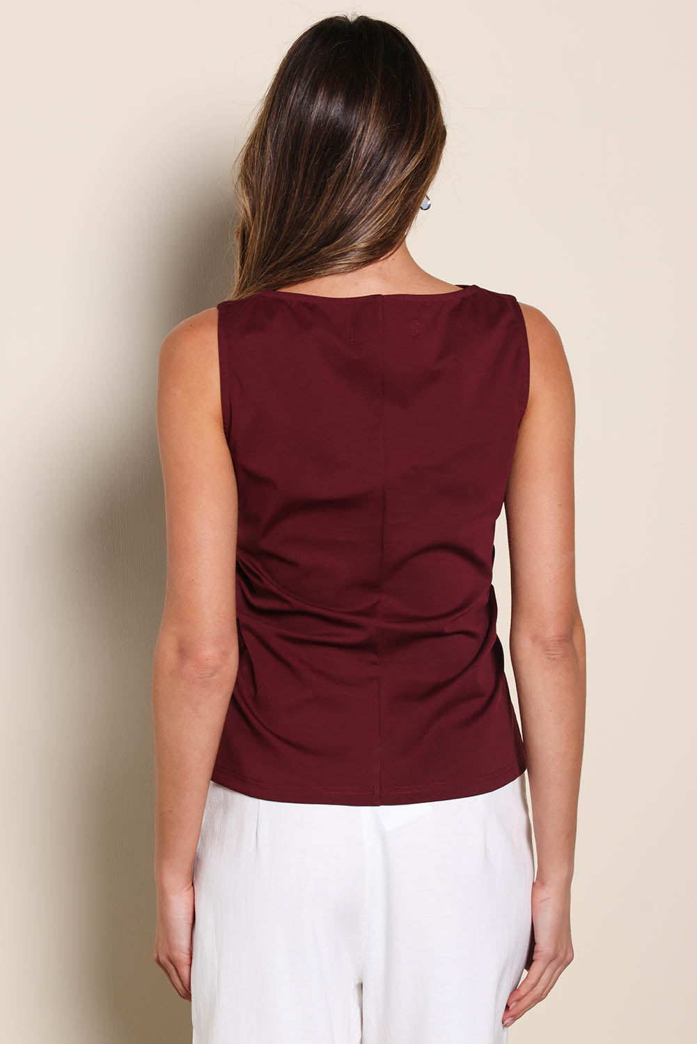 Model Madelinec wearing size 10 of the The Cotton Blend Ruched Waist Top - Darkmaroon in colour Darkmaroon, from the back
