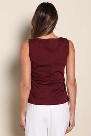 Model Madelinec wearing size 10 of the The Cotton Blend Ruched Waist Top - Darkmaroon in colour Darkmaroon, from the back