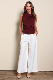 Model Madelinec wearing size 10 of the The Cotton Blend Ruched Waist Top - Darkmaroon in colour Darkmaroon, from the front
