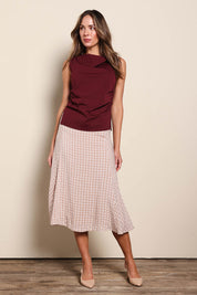 Model Madelinec wearing size 10 of the The Cotton Blend Ruched Waist Top - Darkmaroon in colour Darkmaroon, from the front
