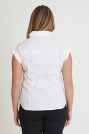 Model Chanel wearing size 16 of The Cap Sleeve Cotton Stretch Shirt in colour White (White), from the back