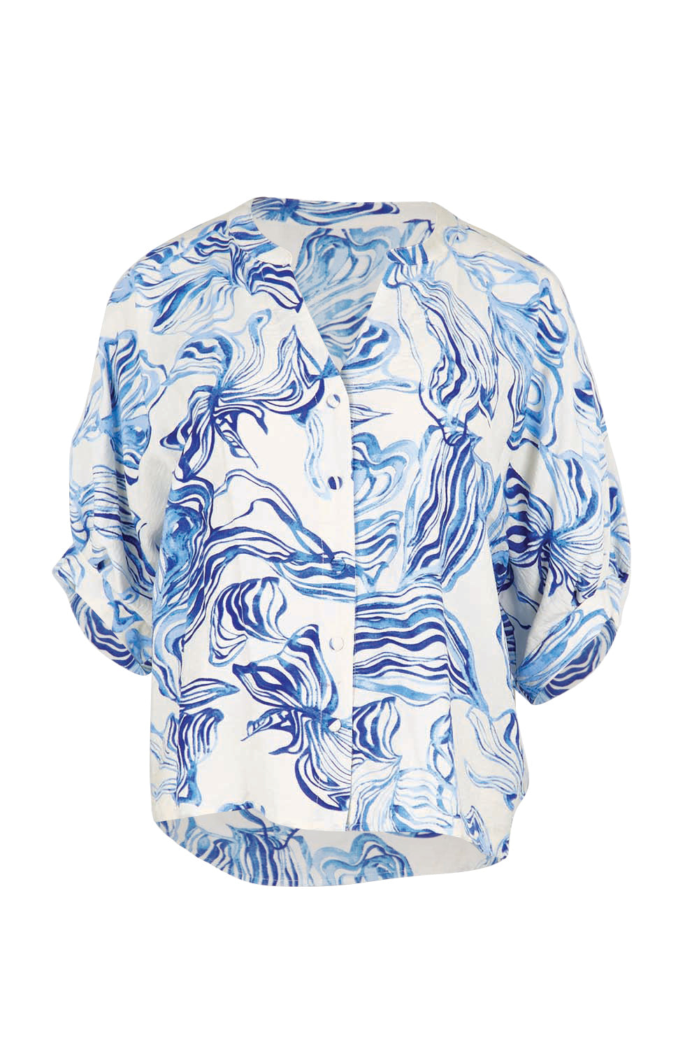 Product shot of the The Dolman Sleeve Button Up Shirt – Bluemarble in colour Bluemarble, from the front
