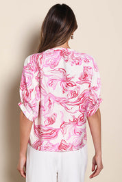 Model Madelinec wearing size 10 of the The Dolman Sleeve Button Up Shirt – Pinkmarble in colour Pinkmarble, from the back