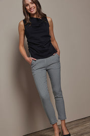Model Madeline wearing size 10 of The Cotton Stretch Gingham Pull On Pant in colour Blackwhite (Black), from the front, showing the whole outfit