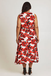 Model Ashleigh wearing size 16 of The Printed V Neck Dress With Sash in colour Redfloral (Red), from the back