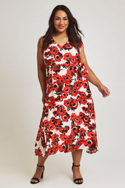 Model Ashleigh wearing size 16 of The Printed V Neck Dress With Sash in colour Redfloral (Red), from the front, showing the whole outfit