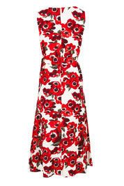 Product shot of The Printed V Neck Dress With Sash in colour Redfloral (Red), from the back