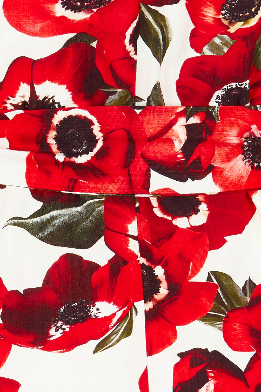 Product shot of The Printed V Neck Dress With Sash in colour Redfloral (Red), detail