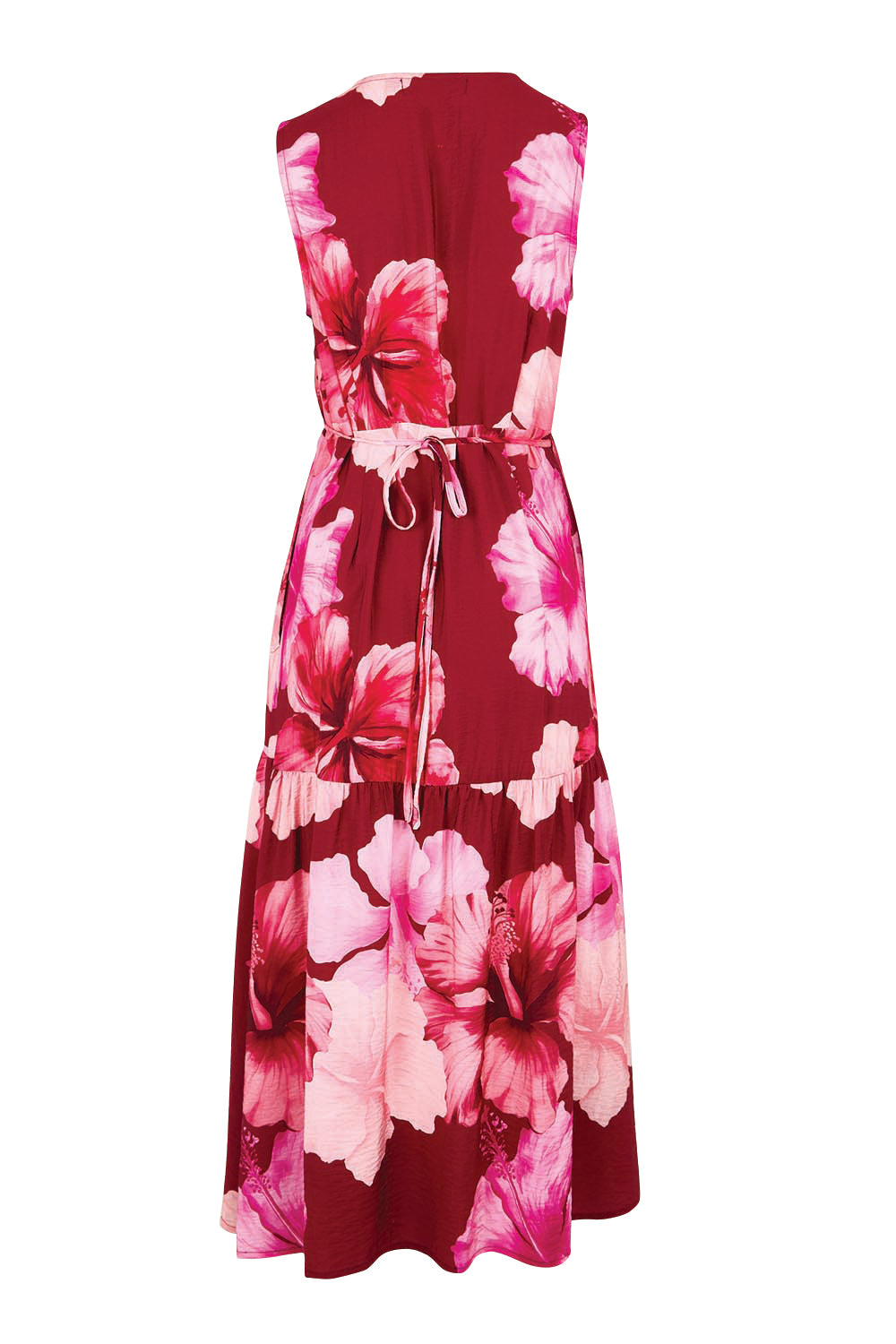 Product shot of the The Printed Sleeveless Wrap Dress - Pinkhibiscus in colour Pinkhibiscus, from the back