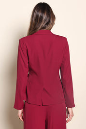 Model Madelinec wearing size 10 of the The Soft Suiting Lined Blazer – Burgundy in colour Burgundy, from the back