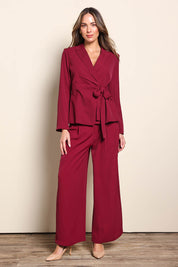 Model Madelinec wearing size 10 of the The Soft Suiting Lined Blazer – Burgundy in colour Burgundy, from the front