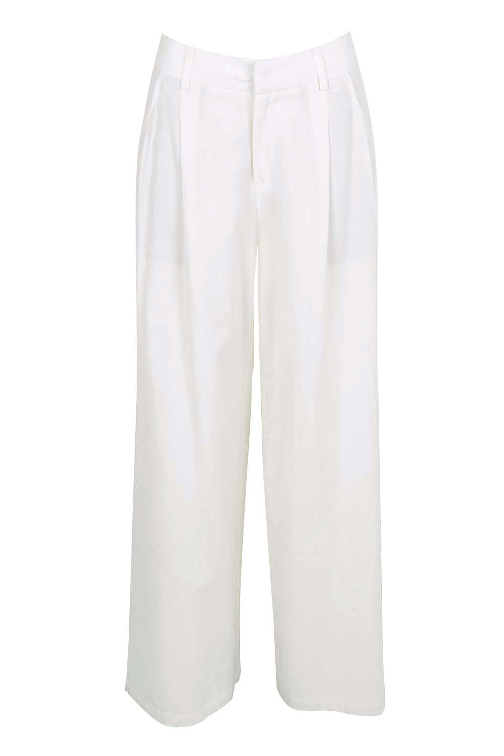 Product shot of the The Linen Blend Tailored Pant - Snow in colour Snow, from the front