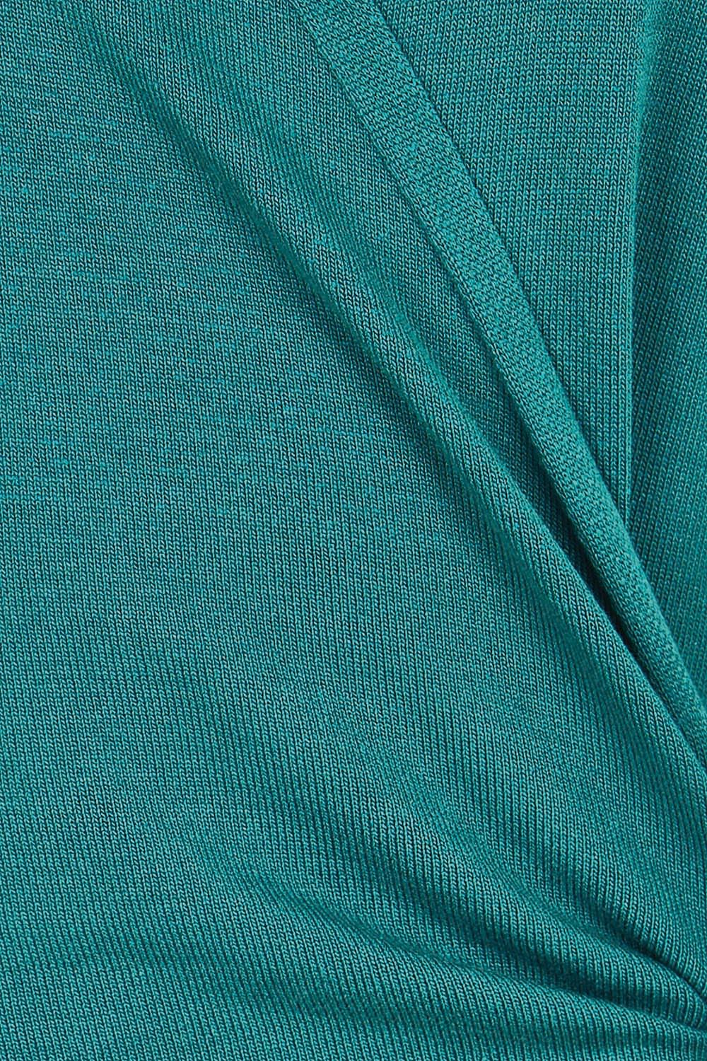 Product shot of the The All Season Faux Wrap Knit Dress – Jewel in colour Jewel, showing detail