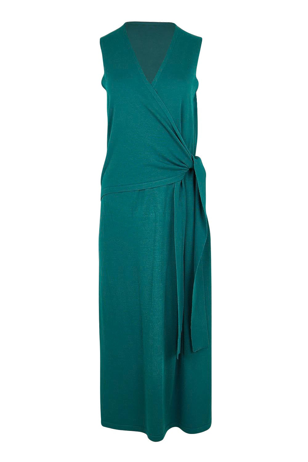 Product shot of the The All Season Faux Wrap Knit Dress – Jewel in colour Jewel, from the front