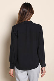 Model Madelinec wearing size 10 of the The Allure Georgette Shirt – Black in colour Black, from the back