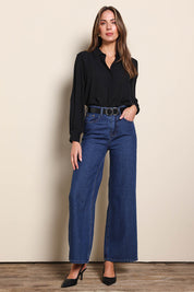 Model Madelinec wearing size 10 of the The Allure Georgette Shirt – Black in colour Black, from the front