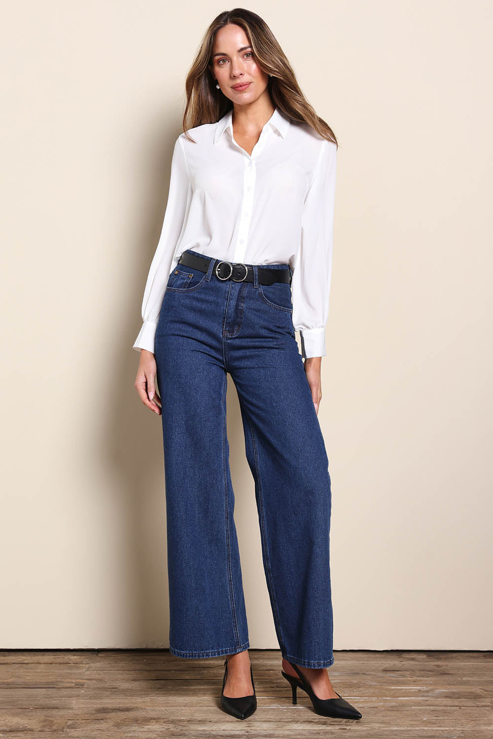 Model Madelinec wearing size 10 of the The Allure Georgette Shirt – Ivory in colour Ivory, from the front