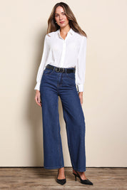 Model Madelinec wearing size 10 of the The Allure Georgette Shirt – Ivory in colour Ivory, from the front