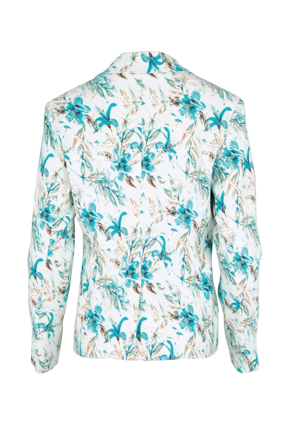 Product shot of the The Printed Stretch Pocket Blazer – Aquafleur in colour Aquafleur, from the back