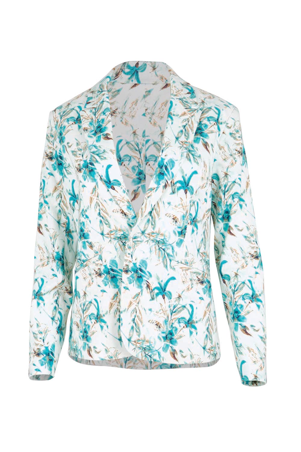 Product shot of the The Printed Stretch Pocket Blazer – Aquafleur in colour Aquafleur, from the front