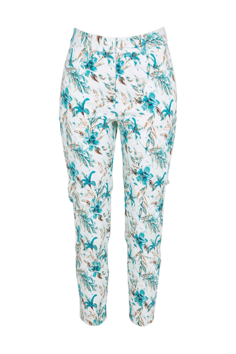 Product shot of the The Printed Stretch Pocket Pant – Aquafleur in colour Aquafleur, from the front