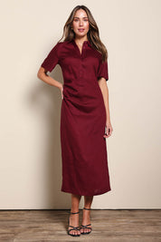 Model Madelinec wearing size 10 of the The Linen Tencel Modish Dress - Burgundy in colour Burgundy, from the front