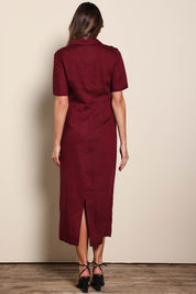 Model Madelinec wearing size 10 of the The Linen Tencel Modish Dress - Burgundy in colour Burgundy, from the front