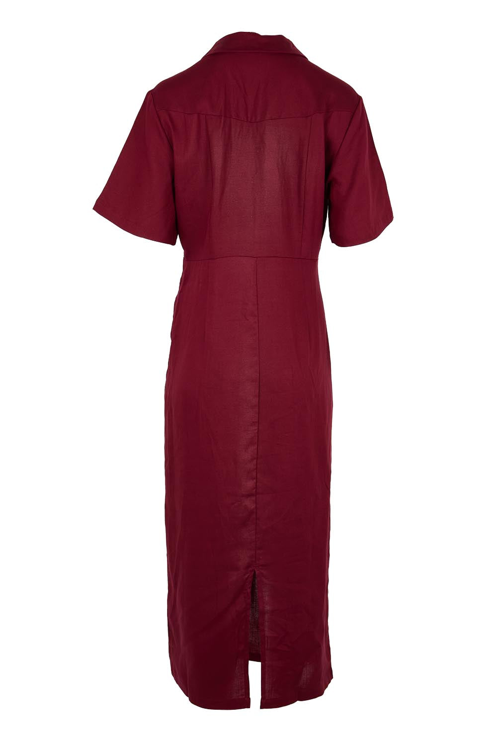 Product shot of the The Linen Tencel Modish Dress - Burgundy in colour Burgundy, from the back