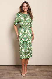 Model Madelinec wearing size 10 of the The Luxe Printed Kimono Sleeve Dress - Green in colour Green, from the front
