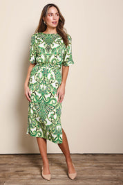 Model Madelinec wearing size 10 of the The Luxe Printed Kimono Sleeve Dress - Green in colour Green, from the front