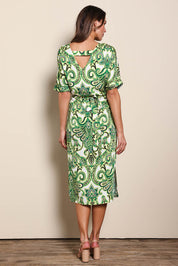 Model Madelinec wearing size 10 of the The Luxe Printed Kimono Sleeve Dress - Green in colour Green, from the front