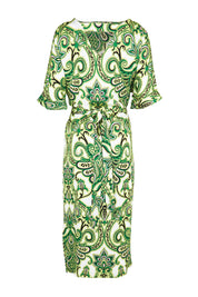 Product shot of the The Luxe Printed Kimono Sleeve Dress - Green in colour Green, from the back