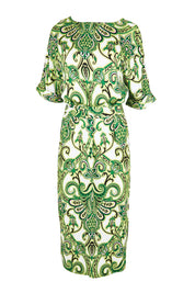 Product shot of the The Luxe Printed Kimono Sleeve Dress - Green in colour Green, from the front