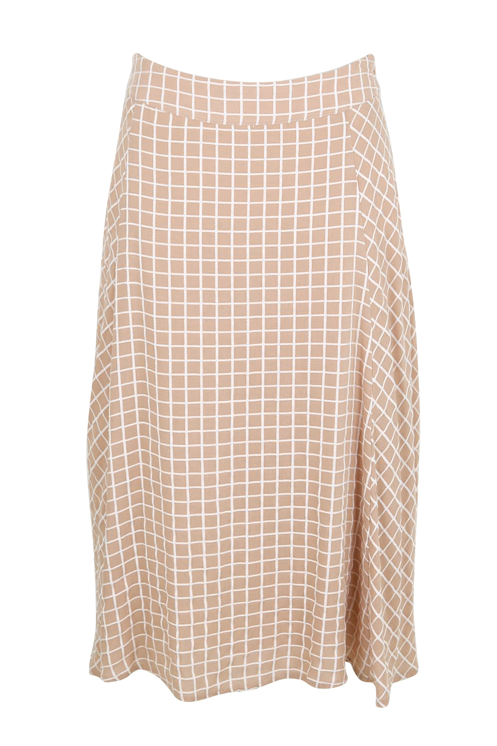 Product shot of the The Bias Panel Check Skirt - Sand in colour Sand, from the front