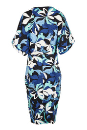 Product shot of The Printed Kimono Sleeve Pencil Dress in colour Oceanbloom (Blue), from the back