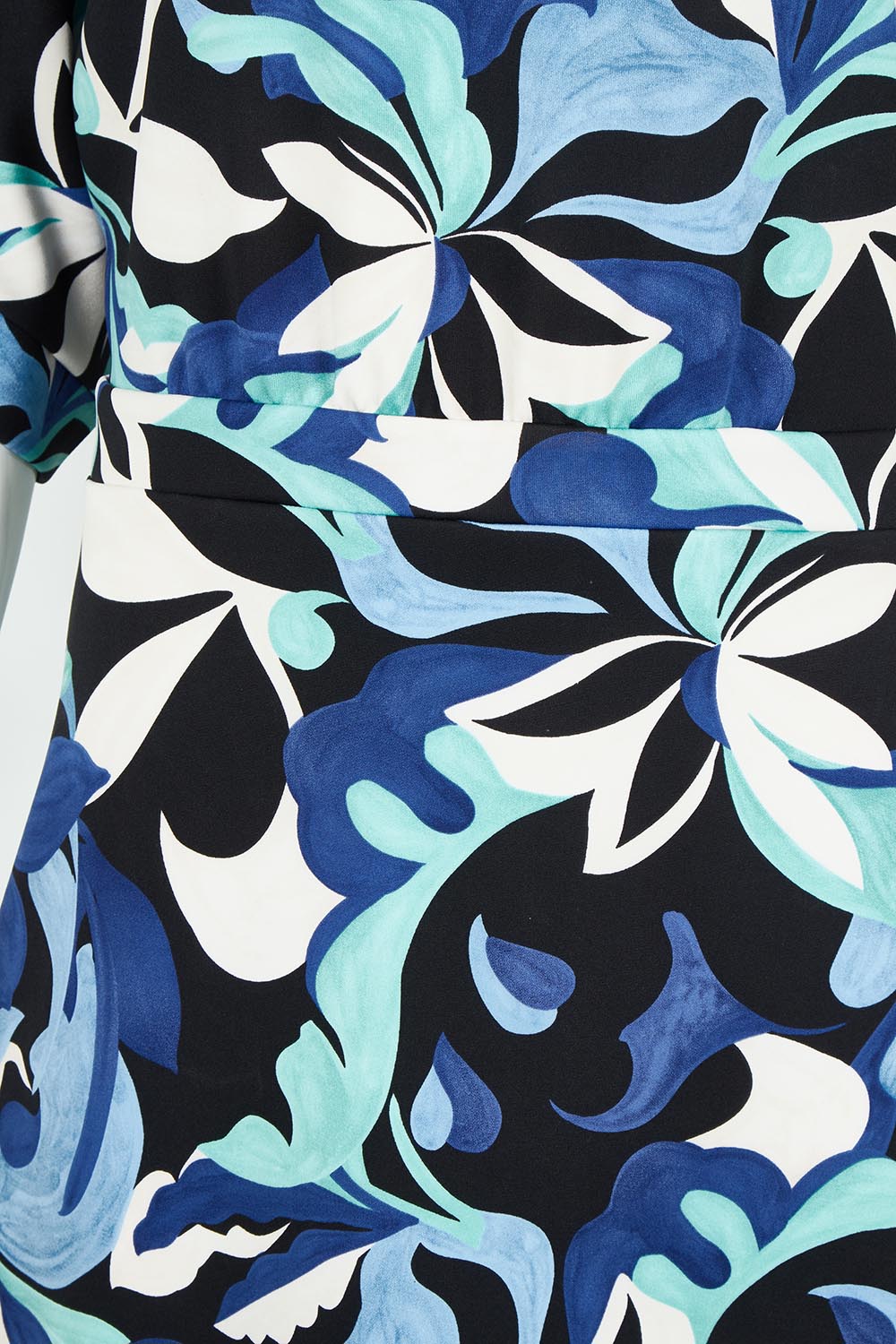 Product shot of The Printed Kimono Sleeve Pencil Dress in colour Oceanbloom (Blue), detail