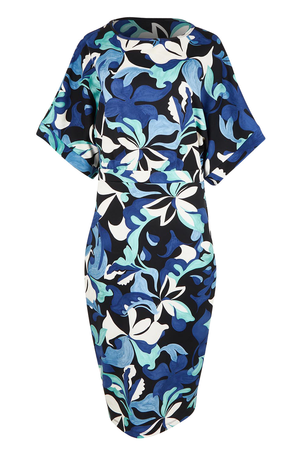 Product shot of The Printed Kimono Sleeve Pencil Dress in colour Oceanbloom (Blue), from the front