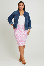 Model Ashleigh wearing size 16 of The Tube Skirt in colour Pinkfleur (Pink), from the front, showing the whole outfit