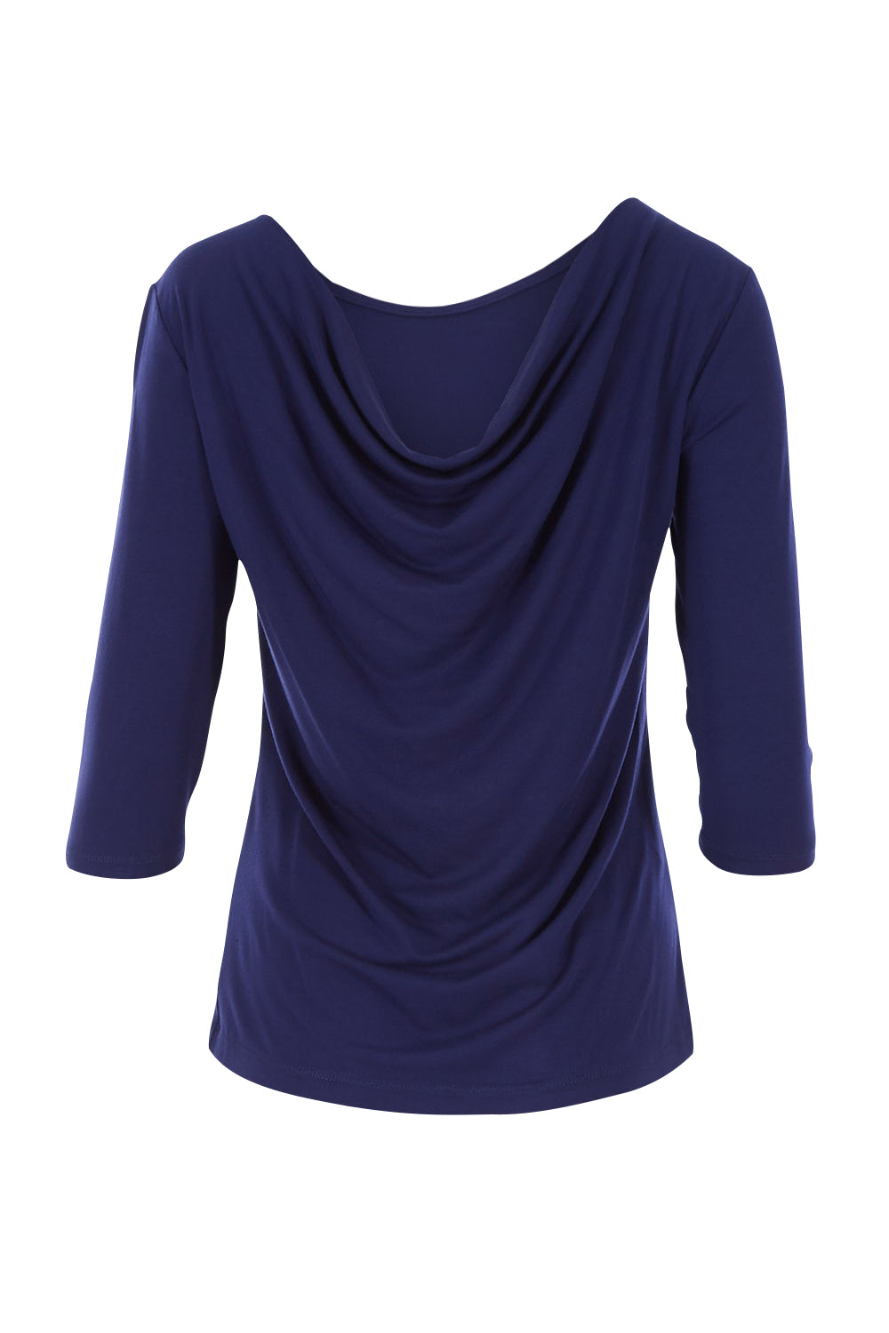 Product shot of The Reversible Cowl Neck Top in colour Navy (Blue), from the back