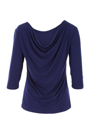 Product shot of The Reversible Cowl Neck Top in colour Navy (Blue), from the back