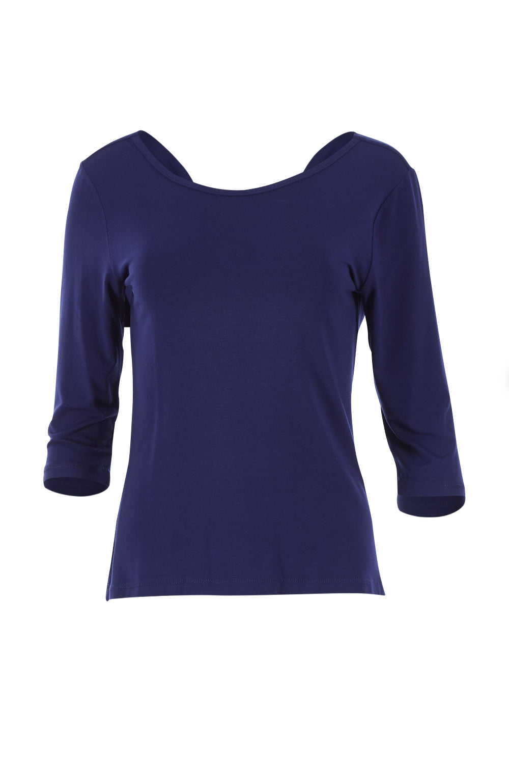 Product shot of The Reversible Cowl Neck Top in colour Navy (Blue), from the front