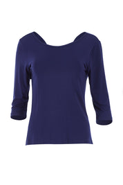 Product shot of The Reversible Cowl Neck Top in colour Navy (Blue), from the front