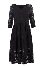 Product shot of The 3/4 Sleeve Lace Dress in colour Black (Black), from the front