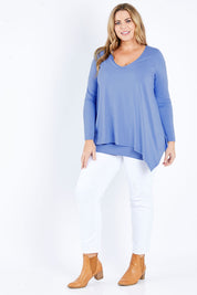 Model Fiona wearing size 16 of the Belle V Neck Forgiver Tunic in colour Bluebonnet (Blue), from the front, showing the whole outfit