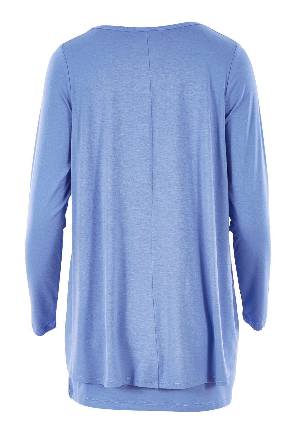 Product shot of the Belle V Neck Forgiver Tunic in colour Bluebonnet (Blue), from the back